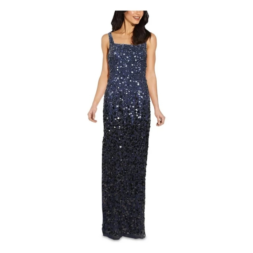ADRIANNA PAPELL Navy Stretch Sleeveless Square Neck Full-Length Formal Gown NWT
